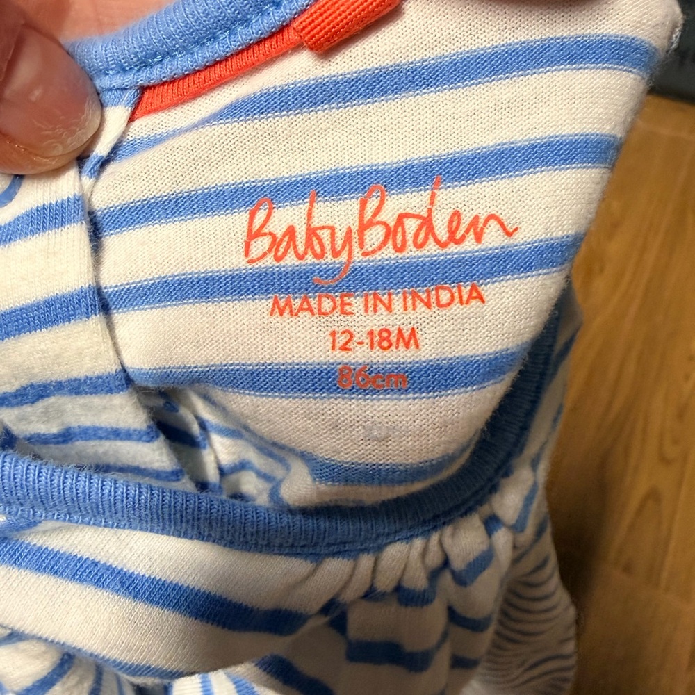 Mini Boden Striped Cotton Dress with Strawberry and Butterfly Design 12-18 Mths - Picture 2 of 3